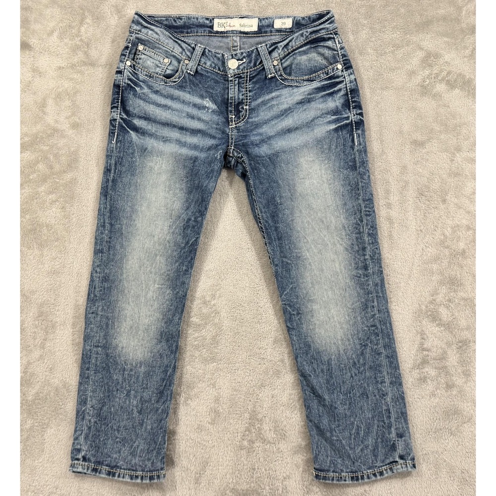 BKE Capri Jeans Womens 29‎ Blue Sabrina Western Cowgirl Whiskered Rodeo Stretch